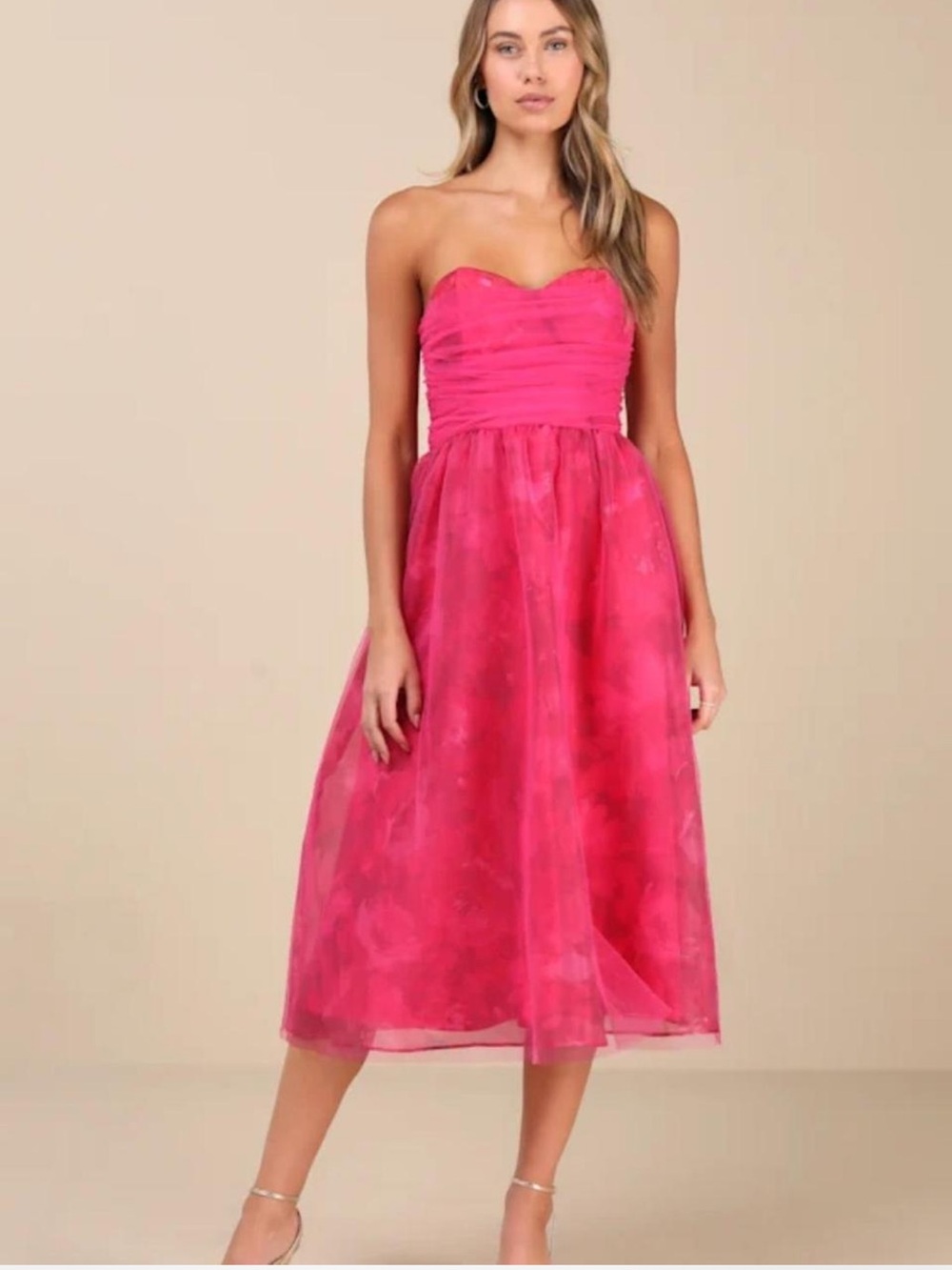 Lulus Splendidly Yours Pink Floral Organza Mesh Strapless Midi Dress